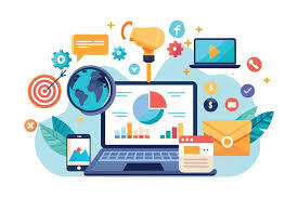 Digital marketing strategy concept showing laptop with analytics charts, SEO, PPC, social media, and email icons